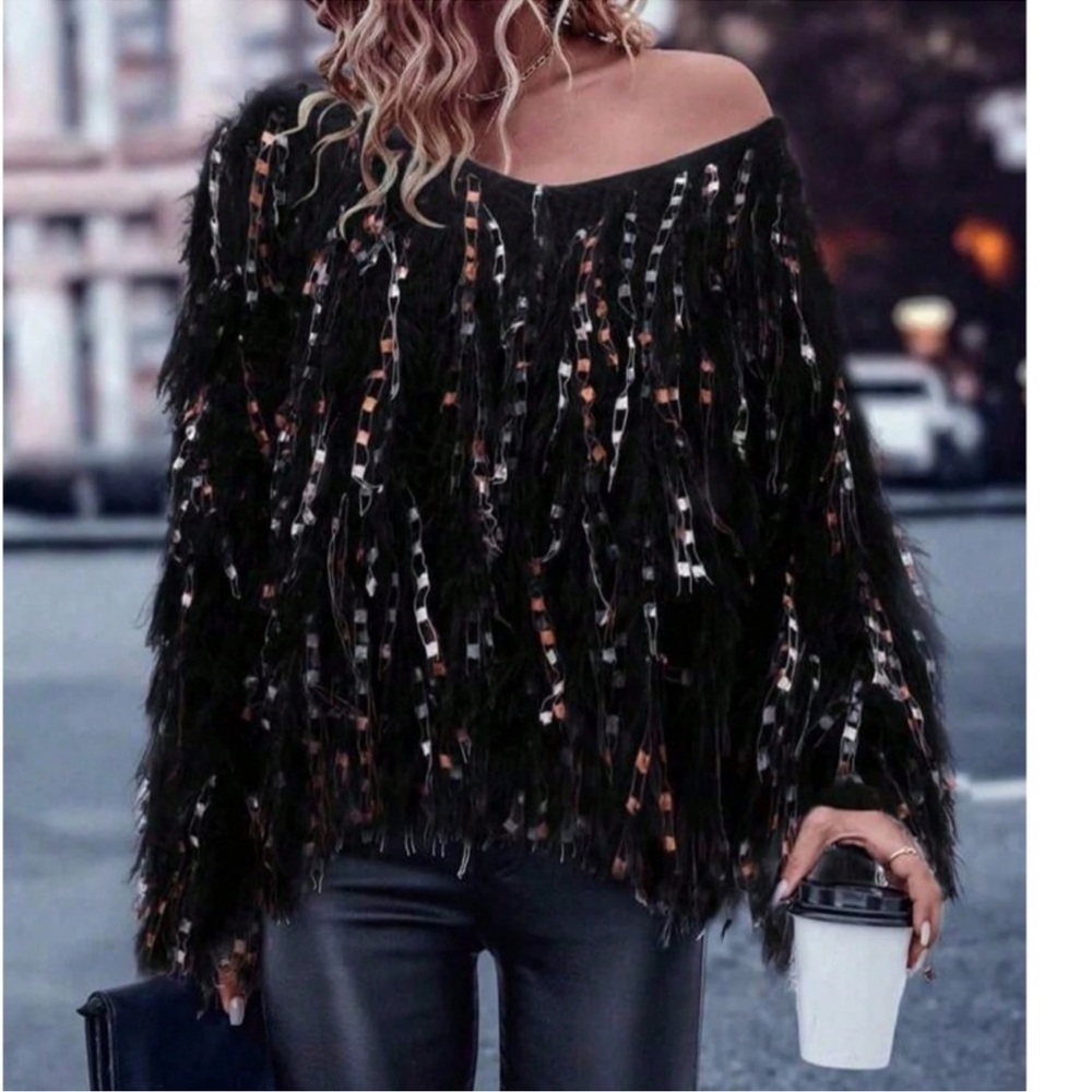 Cozy Fuzzy Multicolor Tassel V Neck Loose Fit Sweater Top S M L XL XXL